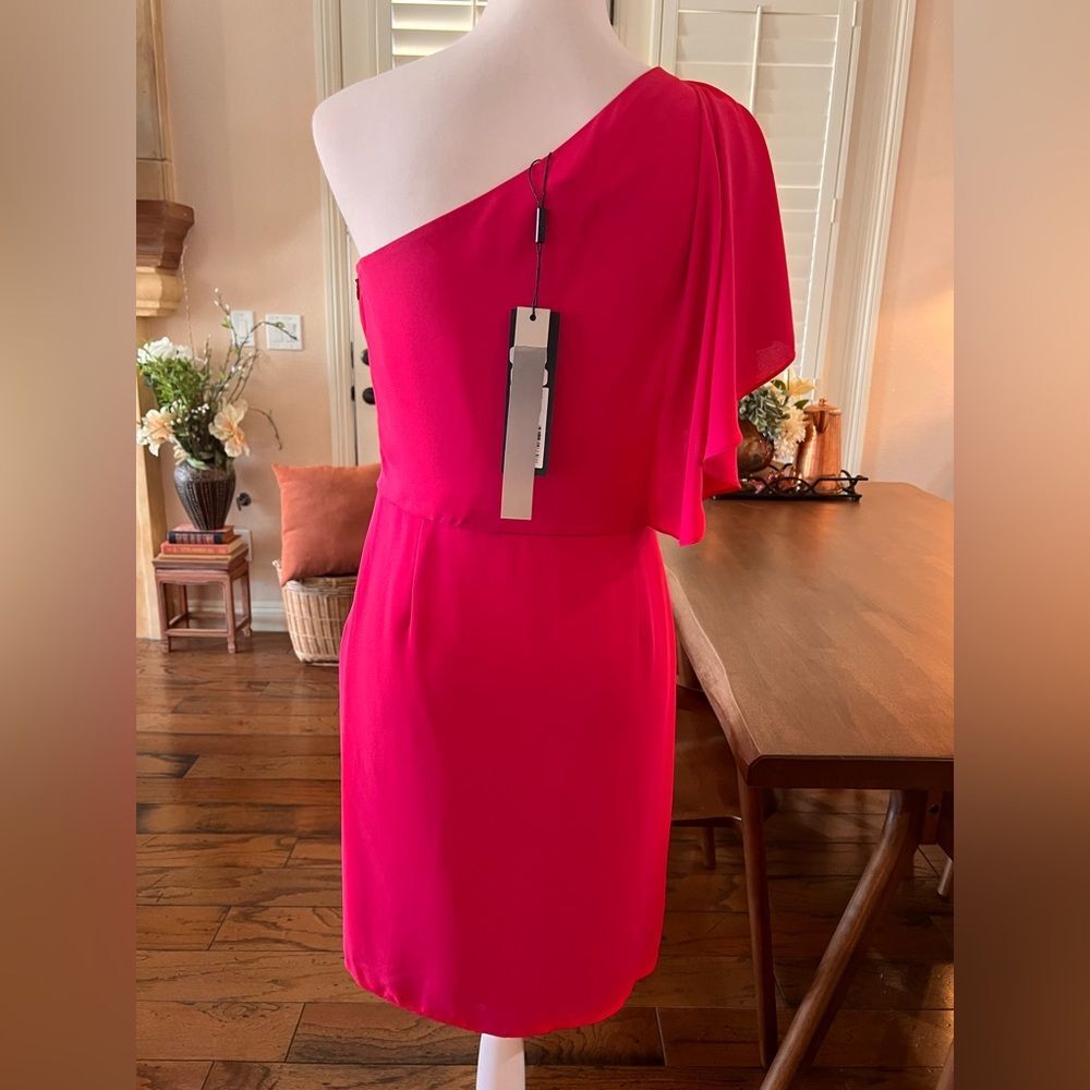 Halston One Shoulder Raspberry Mini Dress Draped Ruffle Cocktail Party NWT 2 - Picture 5 of 7